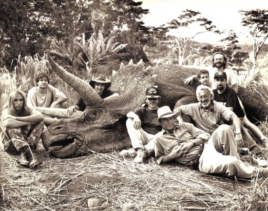 Steven Spielberg, Sam Neill, Stan Winston and crew with a Triceratops on the set of Jurassic Park