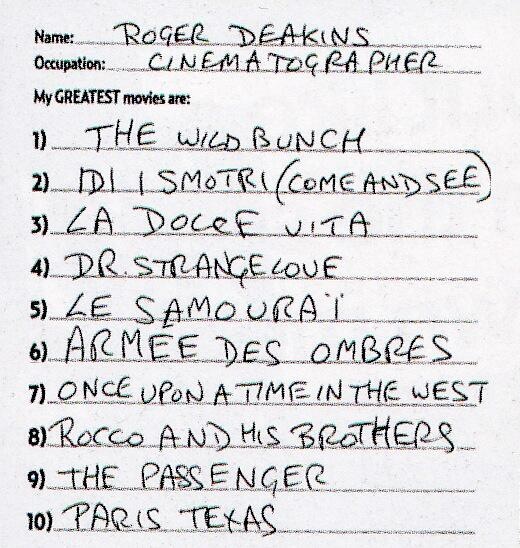 Roger Deakins' handwritten list of his 10 greatest movies.