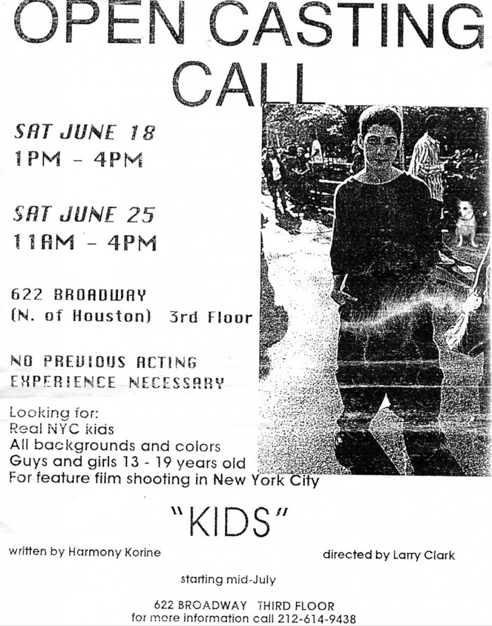 The original casting call flyer for Larry Clarke's 1995 film 'KIDS',