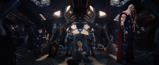 Avengers: Age of Ultron: Captain America, Black Widow, Bruce Banner and Thor looking defeated in the Quinjet