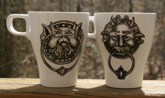 Labyrinth Inspired Door Knocker Hand Painted Coffee Mug Set