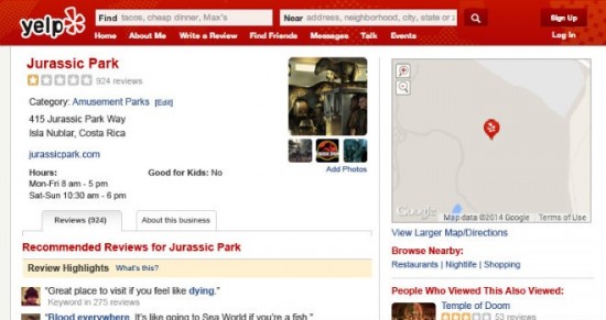Jurassic Park's Yelp Page 