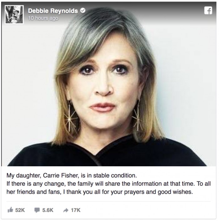 Carrie Fisher heart attack facebook update