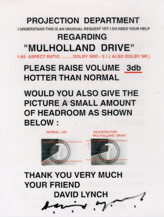 David Lynch's projection instructions for Mulholland Dr.