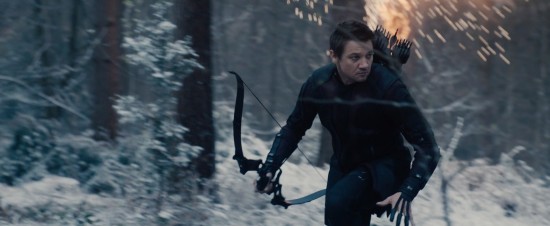 Avengers: Age of Ultron: Hawkeye running through a snow-covered forrest