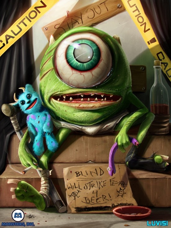 Mike Wazowski of 'Monsters, Inc.' Illustrated as a Blind & Devastated Vagabond by Dan LuVisi