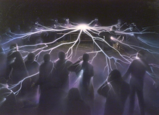 Airbrushed concept illustration by Michael Lloyd of the opening of the Ark from Raiders of the Lost Ark