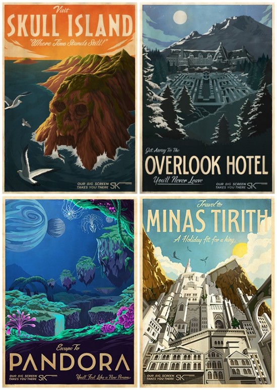 Fictional Movie Locations Depicted as Mid-Century Travel Posters