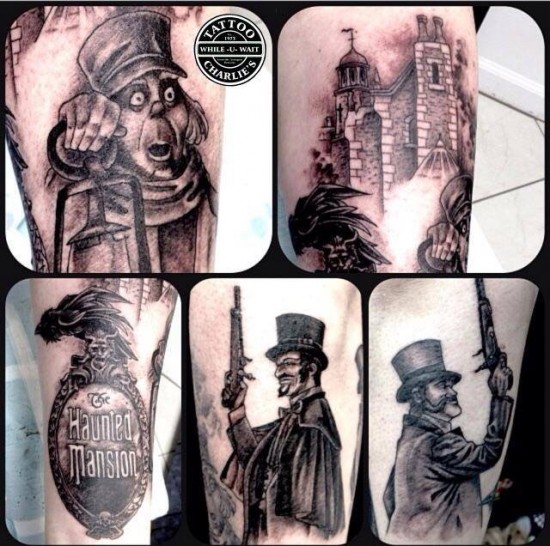 Haunted Mansion leg sleeve tattoo