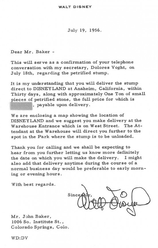 Walt Disney's purchase-order for Disneyland's petrified tree