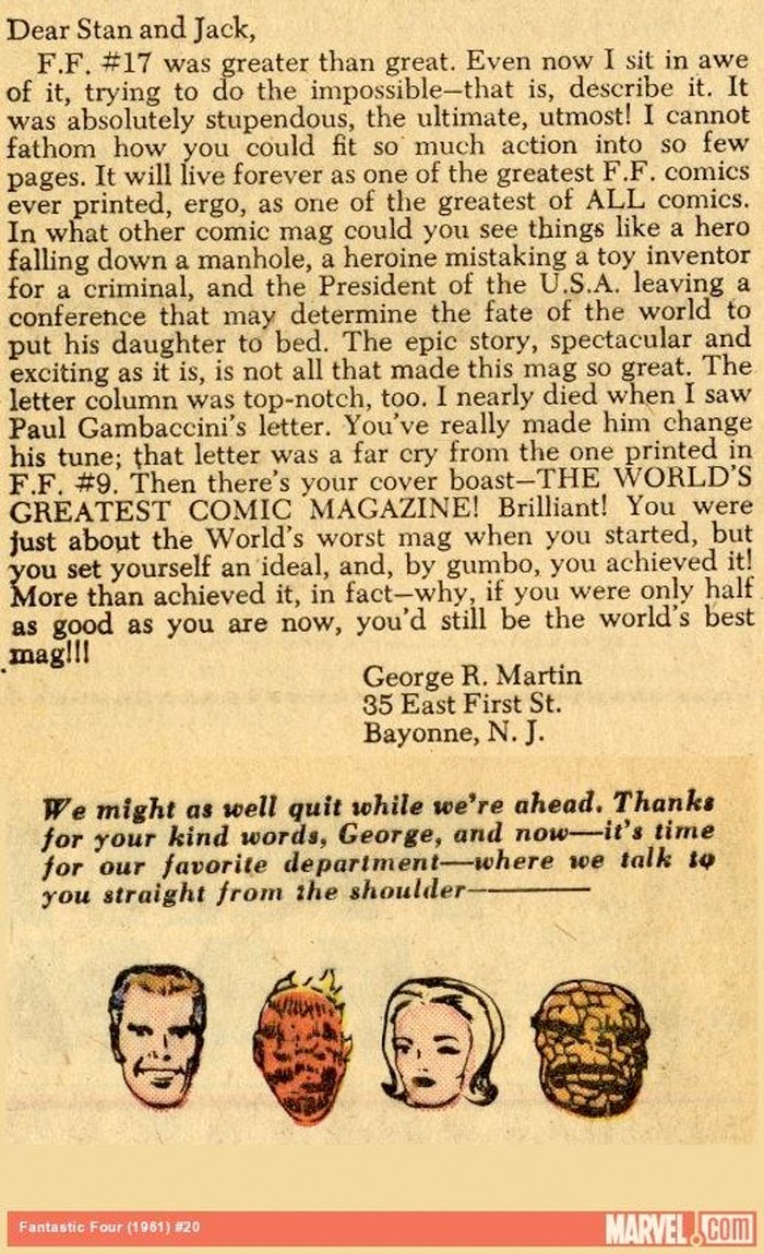 George RR Martin Marvel Comics Letter