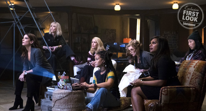 Oceans 8 (L-R) SANDRA BULLOCK as Debbie, CATE BLANCHETT as Lou, SARAH PAULSON as Tammy, RIHANNA as Nine Ball, HELENA BONHAM CARTER as Rose, MINDY KALING as Amita and AWKWAFINA as Constance