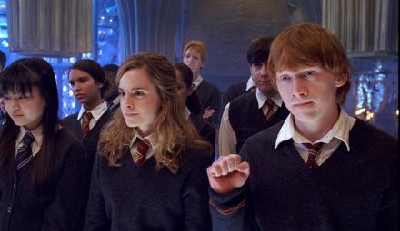 Cho, Hermione, Ron and others look on
