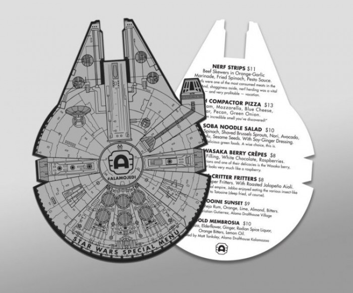 Alamo Draft House Cinema Offers Star Wars Themed Meals Listed on a Millennium Falcon Menu