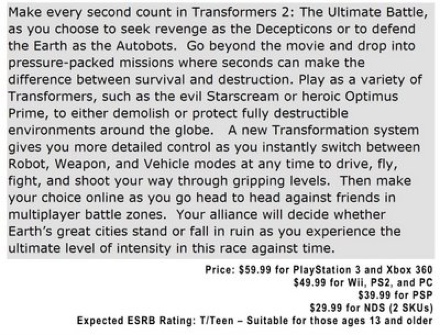 Transformers 2 video game plot