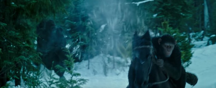 war for the planet of the apes ceasar on horseback in the snow