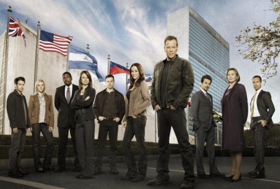 24 Cast L-R: John Boyd, Katee Sackhoff, Mykelti Williamson, Mary Lynn Rajskub, Freddie Prinze, Jr., Annie Wersching, Kiefer Sutherland, Anil Kapoor, Cherry Jones and Chris Diamantopoulos.