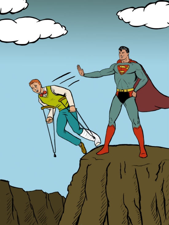 Superman pushes Jimmy off a cliff